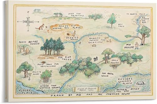 Image of Winnie Hundred Acre Wood Map Print Canvas Art Poster And Wall Art Picture Print Modern Family Bedroom Decor Posters 12x18inch(30x45cm)
