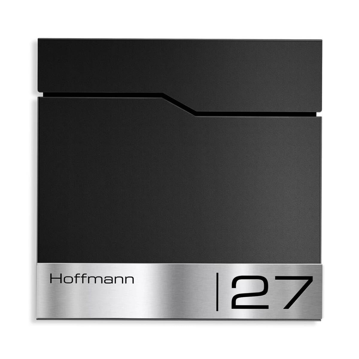 Metzler Briefkasten mit Pfosten in RAL 9005 Tiefschwarz Enno - Standbriefkasten mit V2A Edelstahl Namensschild & Zeitungsfach - Briefkasten mit Gravur - Postkasten, Größe: 37 x 37 x 10,5 cm