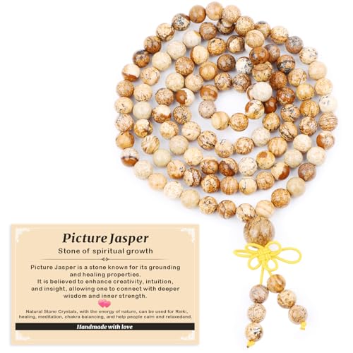 AD Beads 6mm 108 Prayer Mala Picture Jasper Elastic Bracelet - Spiritual Growth - Handmade Yoga Meditation Healing Power Energy Gifts for Unisex Adult.