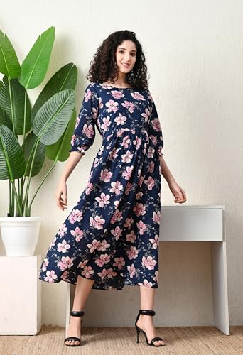 Image of Ichaa Women's Navy Blue Cotton Printed Maternity Dress with Feeding Zips and Pocket, in Plus Sizes