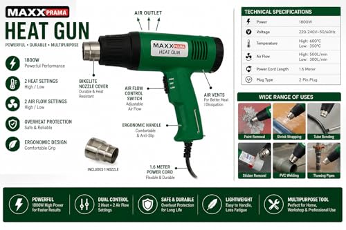 Image of New Maxx Pamma 2000W Heat Gun with Durable Copper Heating Element, Variable Hot Air Tool for Shrink Wrapping, Paint Removal, PVC Bending, Crafting & Multi-Purpose Use