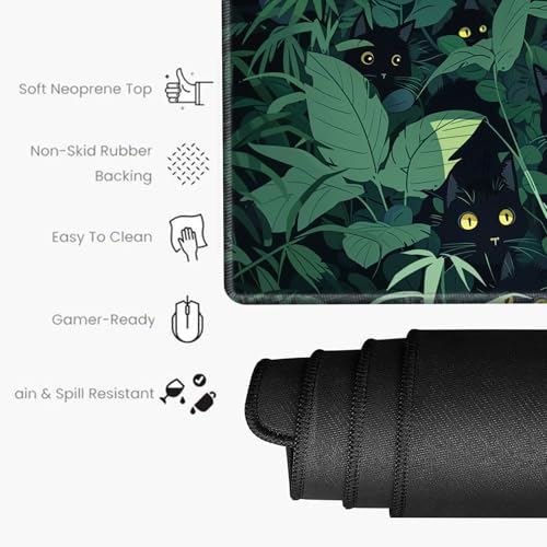 Image of Gaming Mouse Pad Black Cute Cat Desk Mat Large Mousepad 31.5''X15.75'' Desk Pad XXL Computer Mat Big Non-Slip Mouse Mat for Women Office Work Home