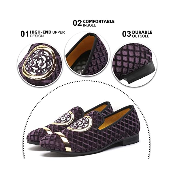 XQWFH Mens Rhinestone Loafers Velvet Tuxedo Dress Shoes with Gold Plate Smoking Slippers Slip-On Penny Party Wedding Casual Shoes, Purple, 12 - Image 4