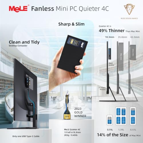 Image of MeLE Quieter 4C N150 Fanless Mini PC 32GB RAM LPDDR5 1TB NVMe SSD | Dual HDMI+USB-C 4K Triple Display|WiFi 5 BT5.1|0dB Silent|Auto Power On WoL|VESA Mount|Industrial Business Astrophotography