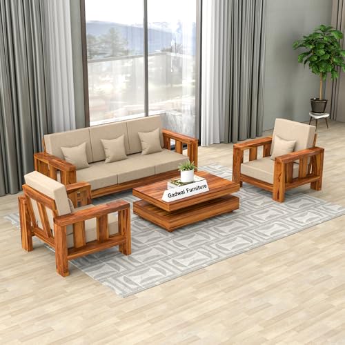Image of Solid Sheesham Wooden 5 Seater Sofa Set for Living Room with Comfortable Cushion - Wooden Sofa Set 5 Seater for Home & Office Furniture (Honey, Haney 5 Seater 3+1+1)
