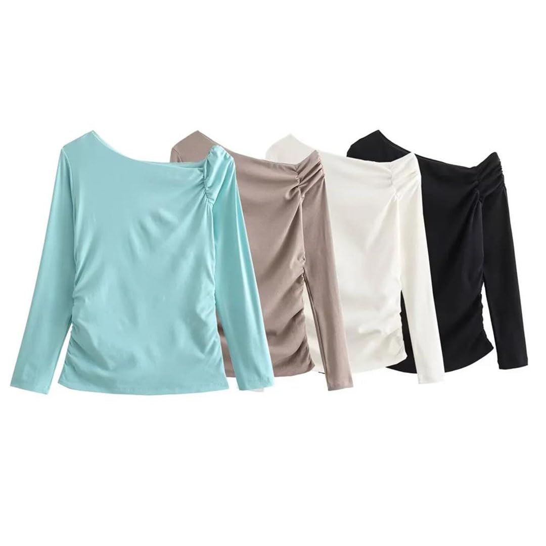 Primavera - Maglietta asimmetrica da donna, con spalle scoperte, spalle scoperte, vestibilità aderente