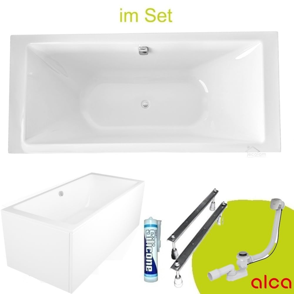 Wanna ECOLAM Tami 200x90 cm + fartuch + półka bambusowa | Nowoczesna, duża wanna dla dwóch osób | Prostokątna wanna akrylowa, najwyższa jakość | Armatura odpływowa, nóżki silikonowe, komplet, design