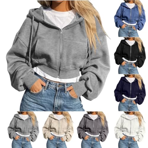 Womens Zip up Hoodies Casual Long Sleeve Cropped Sweatshirt with Pockets
