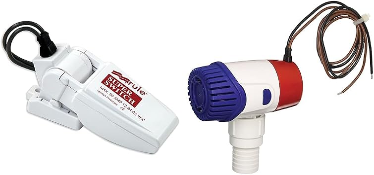 Rule 37A SuperSwitch Bilge Float Switch, Moisture Tight Seals, 12, 24 or 32 Volt, White, 2-1/4" x 5" x 2" and Rule 27DA Standard Bilge Pump 1100GPH 12V