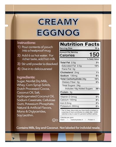 Double Donut Creamy Eggnog Hot Chocolate Mix Packets, Flavored Eggnog Hot Cocoa Mix, 32 Count