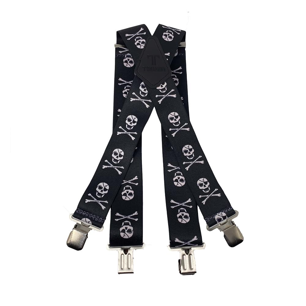 Tomahawk Heavy Duty Braces, Adjustable, Unisex Suspenders, Strong Clasp (Skull & Crossbones)