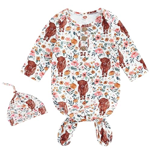 Image of AMAWMW Newborn Baby Boys Girls Cartoon Sleeper Gown Long Sleeve Mountain Nightgown Hat Outfits
