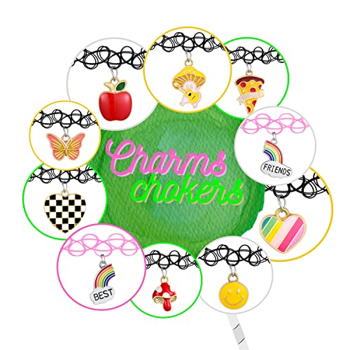 Bodyj4You 12Pc Tattoo Choker Necklace Set - 90S Accessories Women Teen Girls Kids - Pizza Apple Heart Star Charm Black Stretchy Jewelry - Summer Style Gift Idea #TOP2