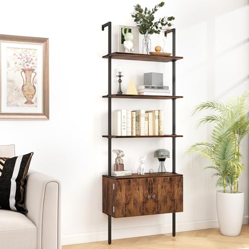 CAMOAT 4-Tier Ladder Bookcase,Wall Mounted Bookshelf with Cabinet:Space-Saving Corner Storage