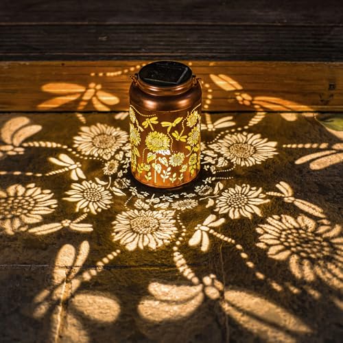 Sunflower Solar Lanterns Outdoor Waterproof,Birthday Gifts for Women Men Mom,Dragonfly Hanging Solar Lights Garden Decor Outdoor Lantern Metal Light Decorative Yard,Patio,Lawn,Porch,Deck,Balcony