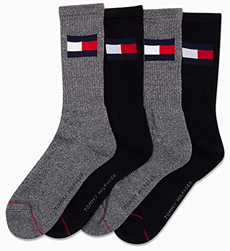 Tommy Hilfiger Men's Athletic Socks - Cushion Crew Socks (4 Pack), Size 7-12, Grey/Black #TOP22