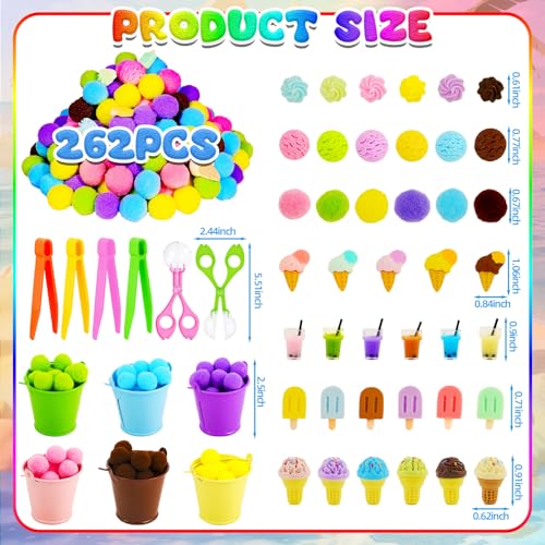 Image of Bbiamsleep 262 Pcs Summer Ice Cream Sensory Bin Filler Fine Motor Skills Summer Ice Cream Sensory Bin Items Counting Sorting 180 Pom Poms Decorations for Summer Sorting Counting Training