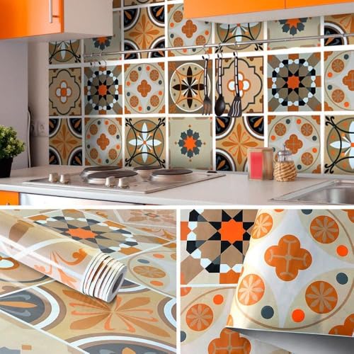Image of Self-Adhesive Wallpaper-Ceramic Tile Design, Peel and Stick Decorative Wall Covering, PVC Oil-Proof & Waterproof Interior for Kitchen, Bathroom, Hall,Home Decor (Floral 60x200cm) (Pack 1)