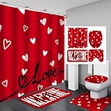 Drydiet 4 Pcs Valentine's Day Shower Curtain Set, Non Slip Rugs Toilet Lid Cover U Shape Bath Mat and 12 Hooks Love Heart Shape Red Bathroom Supplies for Valentines Accessories Decor Set
