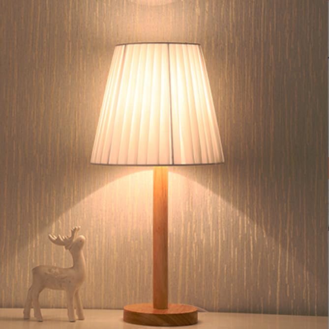 Necomi Bedside Table Lamp, Bedroom Lamp with USB Switch Cable, Minimalist Solid Wood Round Base Desk Lamp with Pleated Design for Living Room, Kids Room, Office