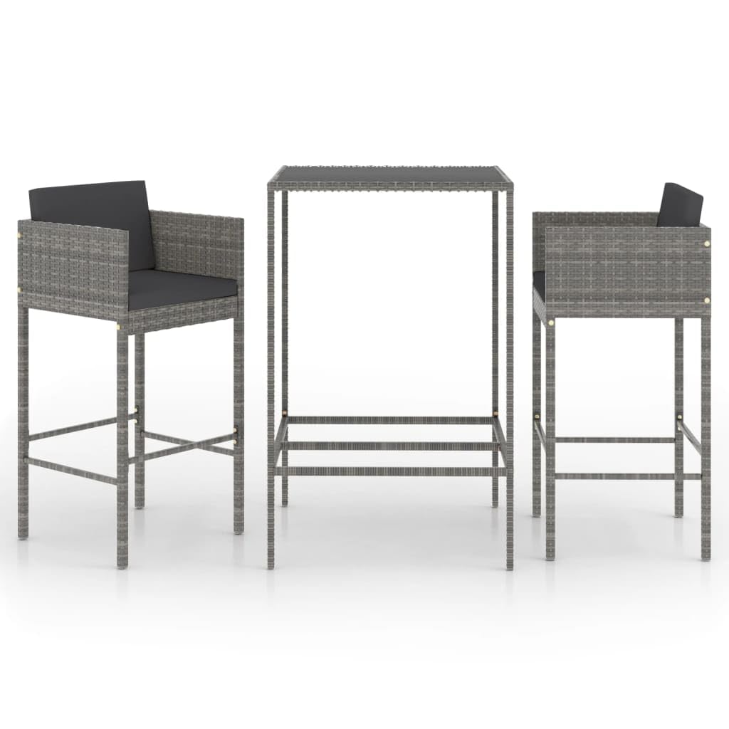 vidaXL Set de Muebles Bar Jardín 3 Piezas y Cojines Mesa Silla Asiento Patio Terraza Balcón Barra Bistró Muebles Mobiliario Ratán Sintético Gris
