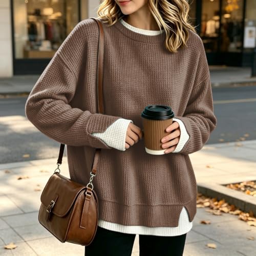 Crew Neck Sweatshirts Women Waffle Long Sleeve Oversized Sweatshirt Fall - image 3
