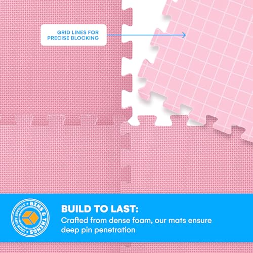 Bins & Things Blocking Mats for Knitting & Crochet Projects - Pack of 9, Extra Thick Blocking Boards with Gridlines - Includes 100 T-pins and Storage Bag - Standard Mat Set - Pink, 12.5\"x2.9\"x12.5\"