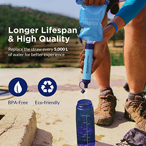 Membrane Solutions Squeeze Water Filtration System, Survival Water Purifier Kit, Portable Backpacking Gear Including Water Filter Straw And 23Oz Collapsible Water Bottle For Hiking Camping Travel(1+2) #TOP5