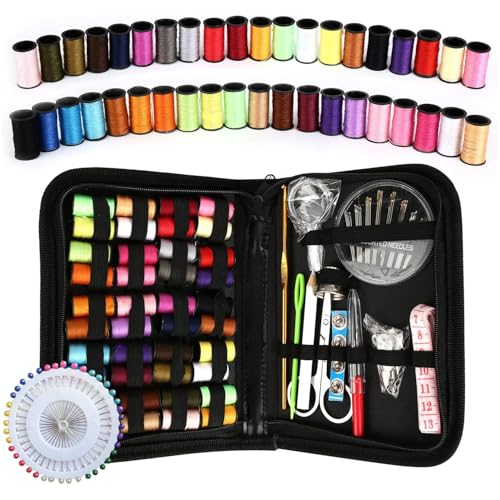 Kit de Costura Portátil Completo, 128 Peças, Estojo Preto com Linhas Coloridas, Agulhas, Tesoura, Acessórios para Reparo e Costura