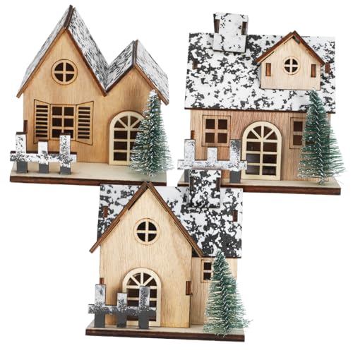 SOPOTUTU 3 peças casas de madeira natalícia LED conjunto de ornamentos iluminados para cidade de Natal decoração rústica para casa e vitrinas festivas