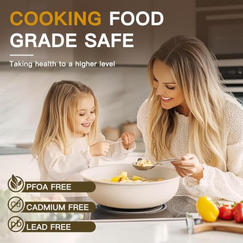Image of House of Quirk 21 Pcs Maifan Stone Non Stick Ceramic Cookware Set | Pots & Pans with 2 Detachable Handles | Removable Handle RV Kitchen Cooking Set | Oven Safe, Induction Ready, Stackable (Beige)