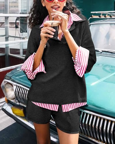 Image of Tankaneo Womens Sweater Set 2 Piece Outfits Oversized 3 /4 Sleeve V Neck Knit Tops High Waisted Shorts Lounge Sets