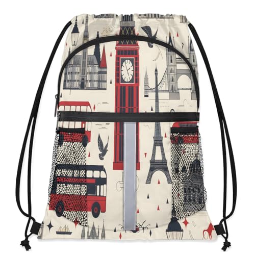 London Drawstring Backpack with Water Bottle Pocket Lightweight String Bag Big Ben England Sports Gym Swim Sackpack for Men Women