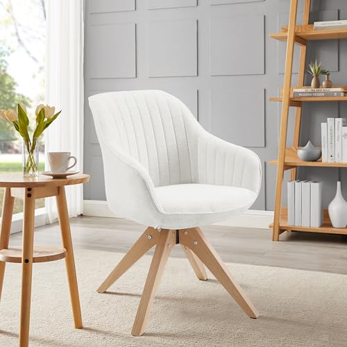 Zouron Chaise de Salle à Manger (avec Coussin épais), Chaise de Bureau pivotante sans roulettes (360°), Fauteuil de Salon (Ergonomique),Lot de 1,Beige（Coton et Lin+Bois Clair）