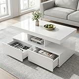 HYNHXBP Table basse blanche brillante avec éclairage LED RVB, table basse avec 2 tiroirs, table d'appoint avec espace de rangement, moderne, surface lisse, 104 x 46 x 53 cm (blanc)