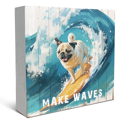 SRADMO Funny Pug Dog Surfing Wood Box Sign Desk Decor, Beach Room Decors, Pug Dog Decoration, Dog Beach Theme Wooden Block Box Sign Decoration for Home Shelf Table Decor