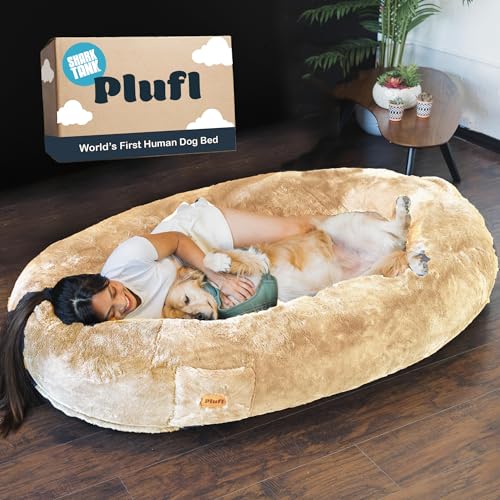 Image of Plufl Original Human Dog Bed for Adults, Washable Memory Foam, Beige Color