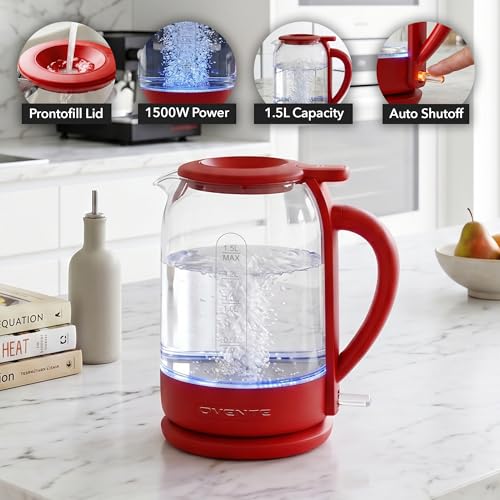 Image of OVENTE 1.5L Glass Electric Kettle Water Boiler, Red KG516R | 1500W Fast Boiling, Easy Fill Lid, Stainless Steel Filter, LED Indicator, Auto Shut-Off, Boil-Dry Protection, 360 Base