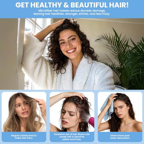HOTUT Mikrofaser Handtuch Haare Turban,2 Stück Premium Haarturban mit Knopf,Turban Handtuch Handtücher Schnell Saugfähig mit Knopf Schnelltrocknendes für Kopf und Lange Haare Damen(Grau+Hellblau)
