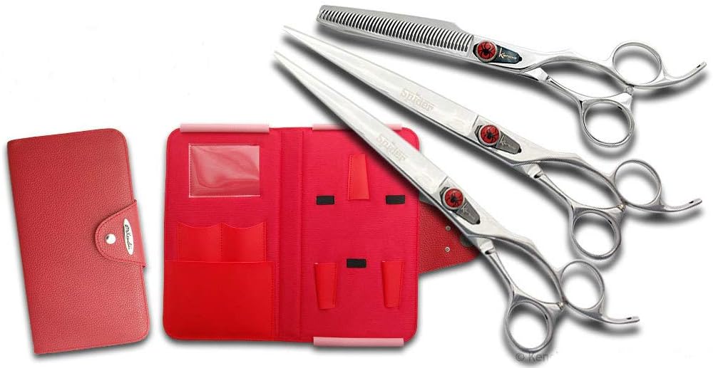 Kenchii Grooming Spider Shears Right Hand - Choose Straight, Curved, Thinner, or Set - Bonus 6 Pack Finger Inserts Included (8.0 Right…