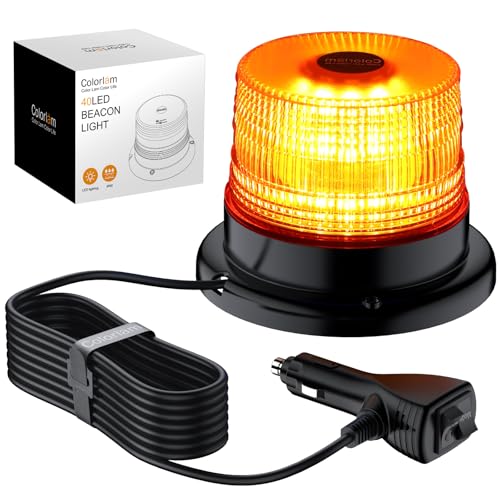COLORLAM 40W Amber Flashing Beacon Light IP65 Waterproof & Magnetic 40 LED Emergency Warning Strobe with 10 Flash Modes Vehicle Beacon with E-Mark for Trucks Cars Emergency Vehicles 12V/24V