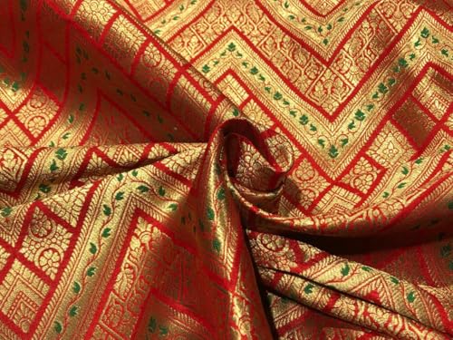 Tissu brocart de soie rouge et jacquard doré BRO1044 pour haute couture