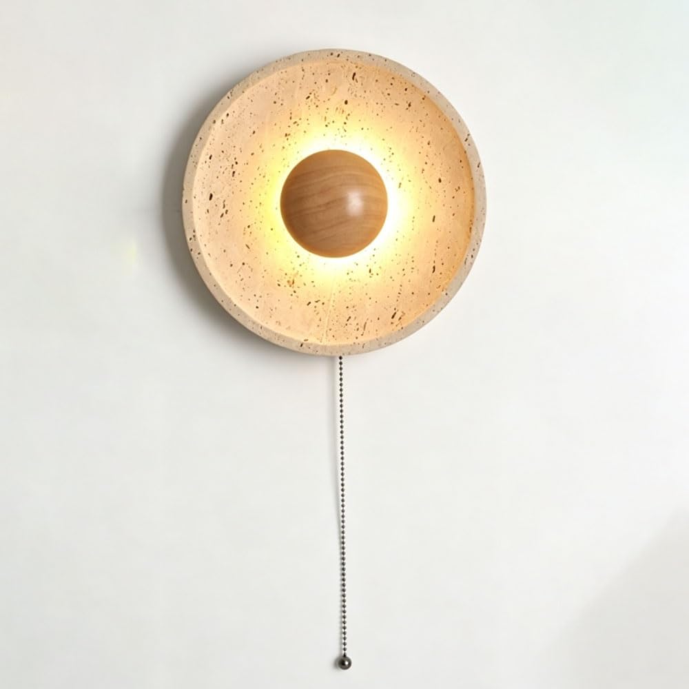 Luoyaob A Yellow Travertine Marble Wall Sconce Round Natural Stone Wall Lamp Japanese Style Indoor Lighting Fixture Decorative Wall Light For Bedroom Living Room Corridor Hotel(,Solid Wood)