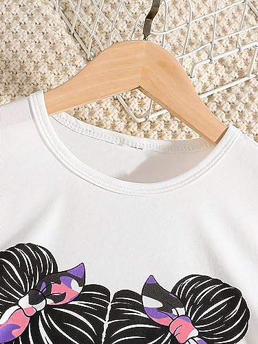 Image of OYOANGLE Girl's 2 Piece Outfits Cartoon Short Sleeve Shirt and Cargo Pants Set White Graphic 10Y