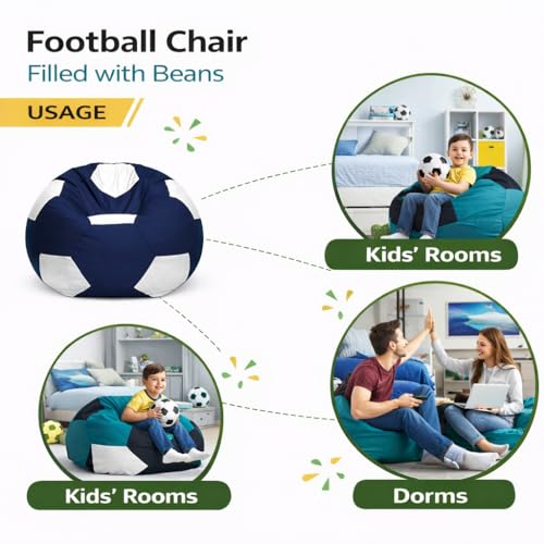 Image of RnS Rest 'n' Sleep Faux Leather Football Bean Bag Filled with Beans | Bean Bag Sofa Chair for Adults & Kids | Home, Office & Restaurant | Capacity Up to 90kg | 1 Year Warranty (White /Navy Blue, XXXL)
