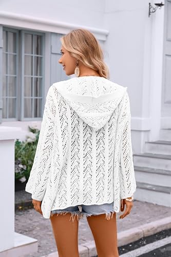 Image of Women's Lightweight Crochet Cardigan Sweaters Long Sleeve Open Front Knit Summer Boho Hooded Beach Cover up