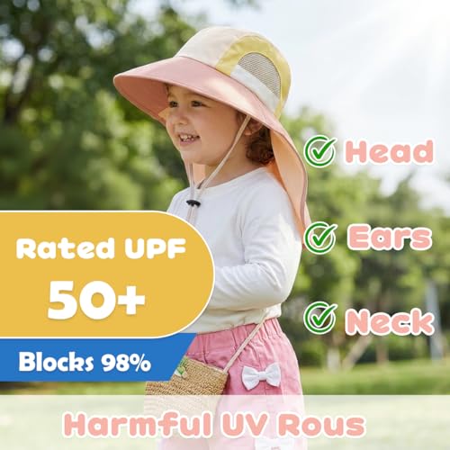 Image of SNOWIE SOFT Wide Brim Sun Hat for Kids Girls with Neck Flap Shawl, UPF 50+ Adjustable Chin Strap Sun Protection Hat for Girls 2-10 Years Old, Summer Breathable Sun Visor Hat Windproof Beach Hat