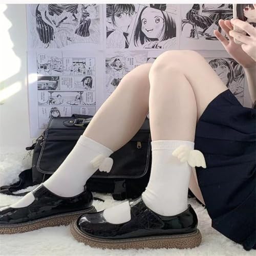 Elastic Polyester Cotton Breathable Angel Wing Streetwear Sport Socks Knitted Stocking Middle Tube Socks Long Socks(White)3