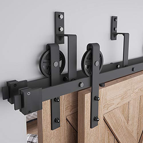 Zekoo 9-18 Ft 4 Doors Bypass Barn Door Hardware For Sliding Barn Door, Barn Door Track For Sliding Closet Door, Double Track Bypass Kit Black Wheel Spoke Hangers (12 Ft Bypass 4 Doors Hardware Kit) #TOP5