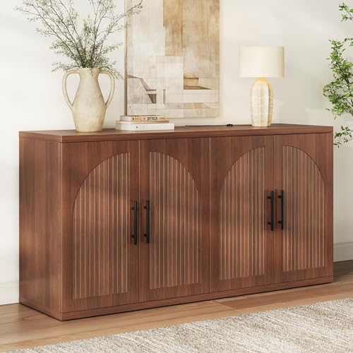 Image of MapleGrace 63 inch Fluted Buffet Cabinet, Walnut Credenza with Adjustable Shelf